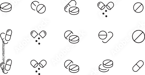 Collection of various pills and capsules in different orientations on