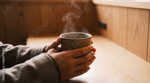 A person holds a warm cup of coffee in a moment of tranquility, the gentle steam rising, inviting the viewer to partake in the comforting ritual. 