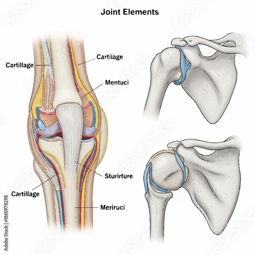Detailed anatomical illustration of human joint elements including cartilage and menisci.