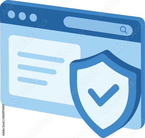 A blue and white icon of a browser window with a shield and checkmark on the right side of the screen