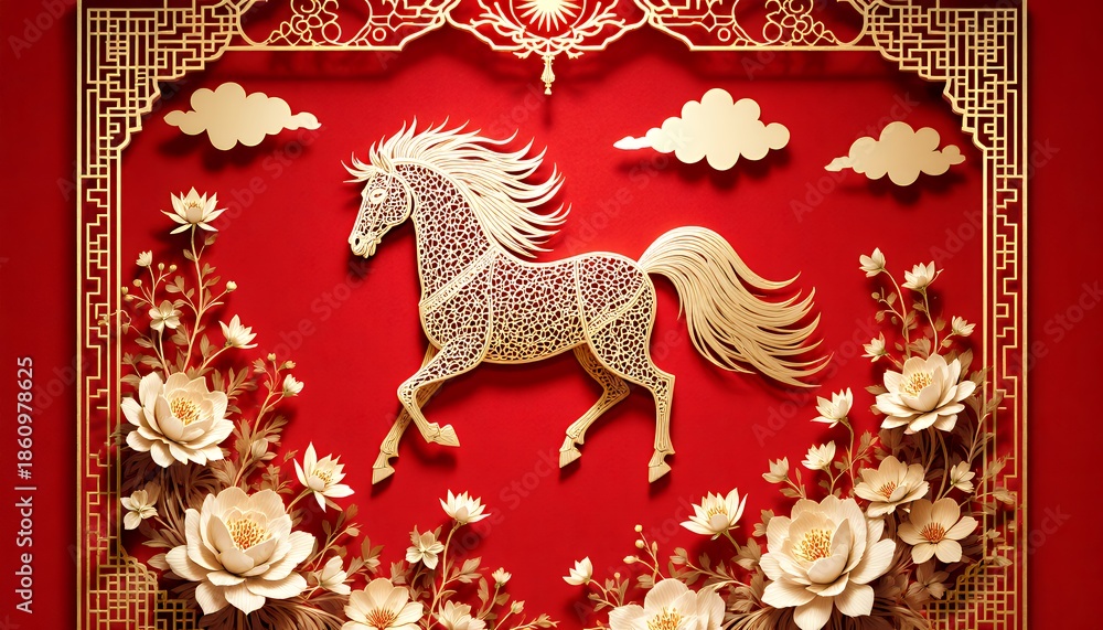 Fototapeta premium Intricate Paper Cut Art of Galloping Horse with Floral Accents