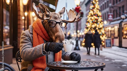 Whimsical Moose with Glasses Enjoying Coffee in Festive Winter Streetscape