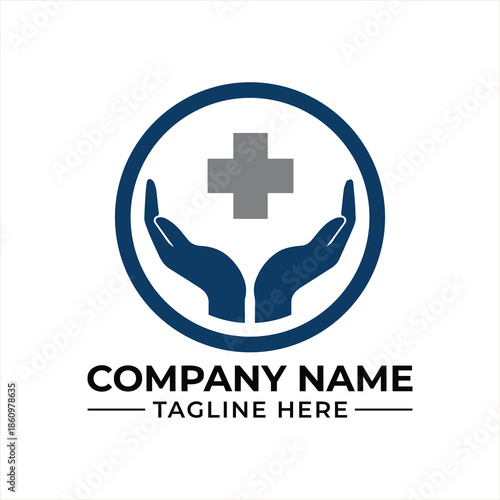 A modern logo design symbolizing healthcare and protection with hands holding a medical cross.