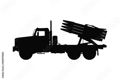 Military rocket launcher truck silhouette illustration, army weapon vehicle icon isolated on transparent background.
