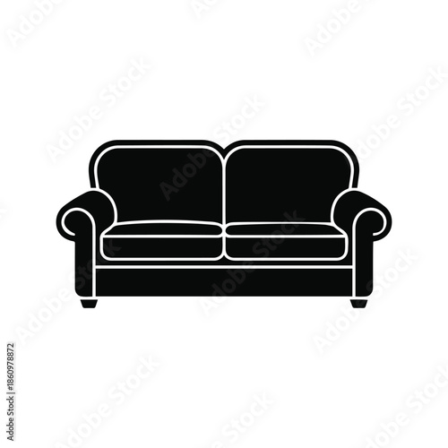 Modern sofa couch silhouette icon, home furniture illustration in black isolated on transparent background.