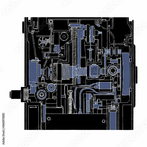 Complex mechanical device blueprint with intricate parts and mechanisms.
