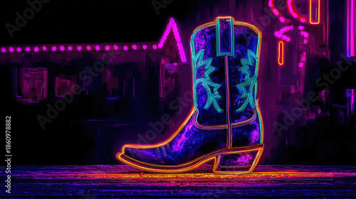 Neon cowboy boot with embroidery on dark wall concept. Vibrant neon cowboy boot illuminated against a colorful backdrop.