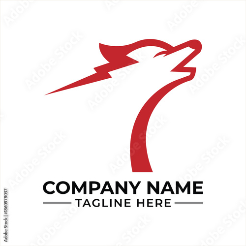 A minimalist red wolf head logo design with a lightning bolt incorporated, symbolizing speed and power