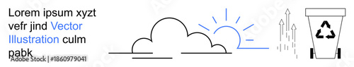 Sustainability, environmental conservation, recycling practices, nature protection, green energy, waste management. Minimalist recycling bin with cloud and sunrise. Sustainability and environmental