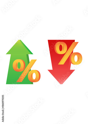 A pair of 3D isometric icons showing percentage trends. A green arrow indicates upward growth while a red arrow represents a downward decline in market rates.