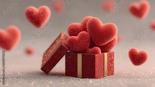Open red gift box with gold ribbon holds heart-shaped candies, perfect for Valentine's Day love celebrations