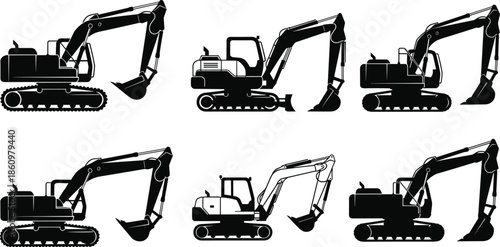 Silhouette Set of Excavators – Vector Icons of Construction Equipment with Boom, Arm, Bucket, and Cab Variations