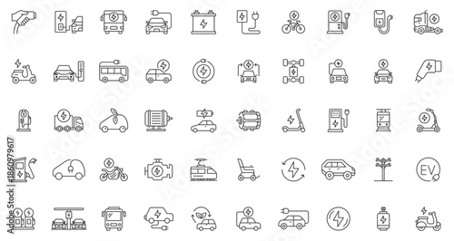 Electric car line icons. Electric bus, truck, vehicle, auto, charging station, parking. Outline editable stroke icon collection.