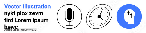 Audio recording, time management, brainstorming, productivity tools, communication, creative thinking. Black microphone, clock blue head with arrows. Audio recording and time management concept
