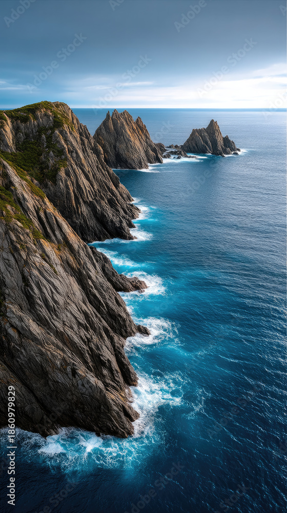 Fototapeta premium Dramatic coastal cliff rugged rock formation blue ocean crashing wave vertical landscape natural beauty serene scenic view