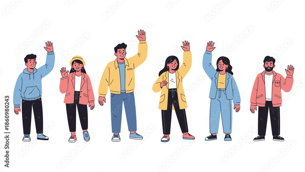 Fototapeta premium a group of cheerful young people waving their hands as a friendly greeting gesture.
