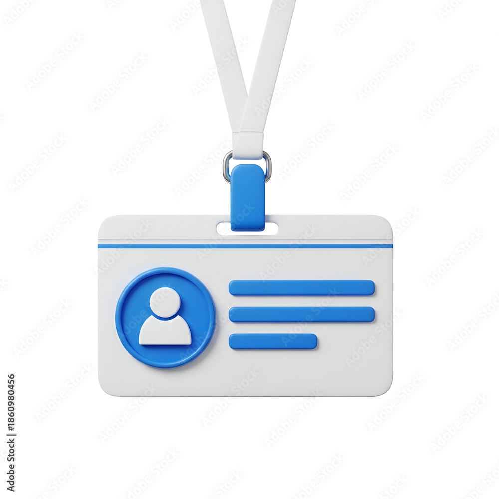Fototapeta premium 3d icon of blue and white identification badge with lanyard isolated on transparent background
