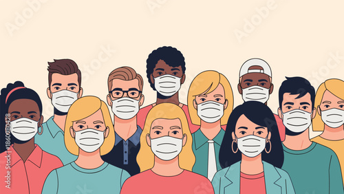 Diverse group of men and women wearing protective white face masks to prevent the spread of an infectious virus disease.