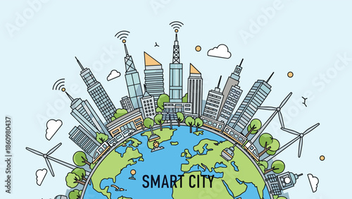Concept of a sustainable smart city features high tech buildings and wind turbines built on a green ecological globe.