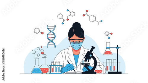 Expert chemist wearing a protective face mask and safety goggles writes down scientific results in a research laboratory.