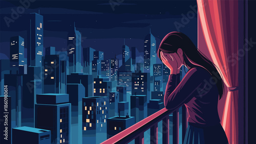 Sad woman cries on a balcony at night while looking at the bright lights of a large city skyline in the far distance.