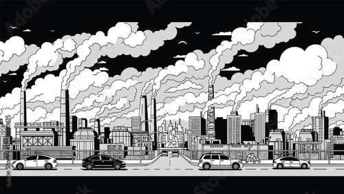 Dark industrial landscape features many factories with tall chimneys emitting thick smoke into a cloudy grey sky.