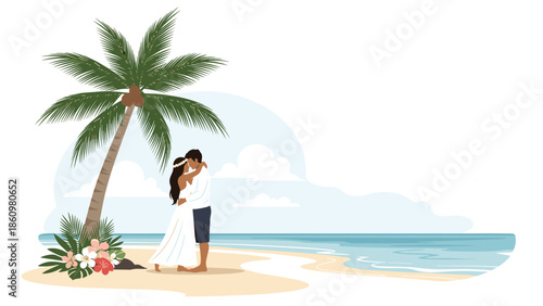 Romantic couple embraces on a beautiful tropical beach under a green palm tree during a sunny summer vacation trip.