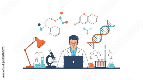 Professional male scientist analyzes chemical research data on a laptop in a laboratory filled with complex equipment.