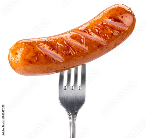 closeup of a sausage on fork isolated on white background