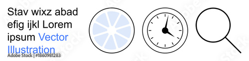Research and investigation, data analysis, time management, productivity tools, abstract design, concepts visualization. Magnifying glass, clock and abstract star with placeholder text. Research