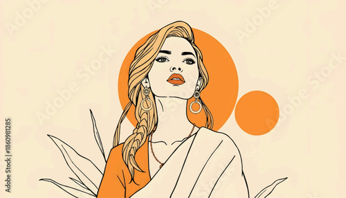 Flat vector illustration of a young woman in a traditional outfit with braided hair on a pastel background  