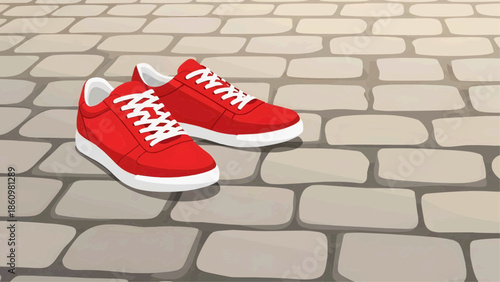 Flat vector illustration of red sneakers on a cobblestone background