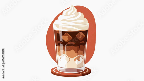 Flat vector illustration of a cold coffee drink with whipped cream and ice cubes 