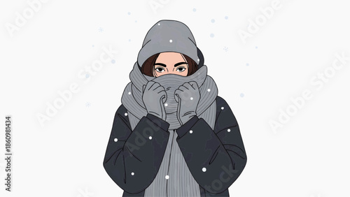 Flat vector illustration of a frozen woman covering her face with a scarf against a snowy winter landscape