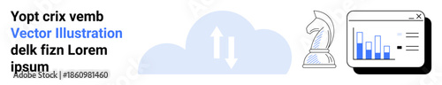 Cloud computing, data analytics, strategic planning, business growth, innovation, problem-solving. Icons of a cloud with arrows, chess knight and graph chart. Cloud computing and data analytics