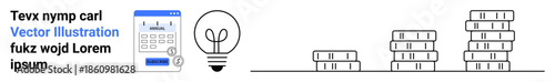Financial planning, innovation, value growth, economic ideas, entrepreneurship, and wealth management. Calculator, light bulb and coin stacks . Financial planning and innovation