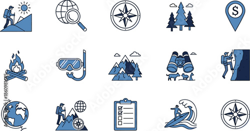 adventure travel icon set, hiking camping outdoor exploration, mountain climbing trekking tourism, navigation compass nature journey, vacation activity adventure illustration