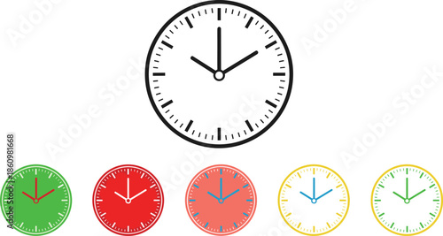 Analog wall clock icons set, colorful time management symbols, schedule reminder watch collection, punctuality deadline concept illustration design for business and education