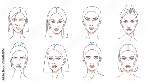 Collection of Woman's Facial Expressions and Hairstyles Illustrated in Simple Line Art