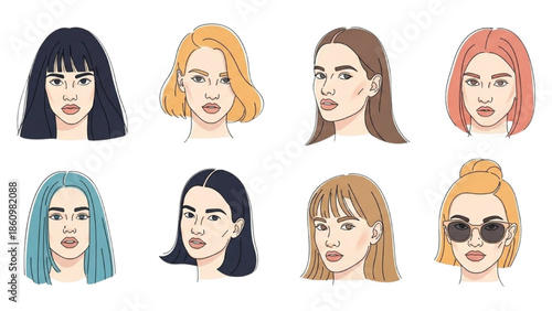 Diverse female faces illustrated in various hairstyles and colors