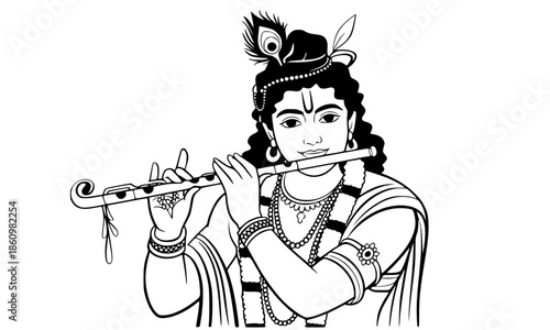 Radha Krishna Sitting Line Art Illustration, Lord Krishna Playing Flute with Goddess Radha, Divine Couple Vector Drawing, Hindu Mythology Spiritual Love Art, Traditional Religious Coloring Page Style