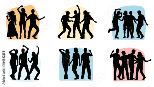 Silhouettes of people dancing together in various dynamic poses against colorful backgrounds