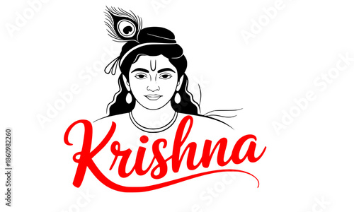 Lord Krishna Portrait Line Art with Red Typography, Hindu God Vector Illustration with Peacock Feather, Minimalist Divine Spirituality Graphic, Indian Mythology Religious Poster Design