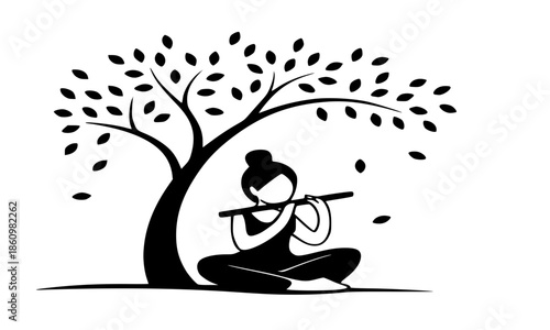 Minimalist Lord Krishna Silhouette Sitting Under Tree, Hindu God Playing Flute Vector Illustration, Spiritual Zen Nature Art, Divine Krishna Background, Indian Mythology Flat Design Icon