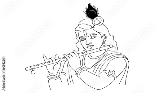 Lord Krishna Playing Flute Line Art Illustration, Hindu Deity Portrait with Peacock Feather, Minimalist Divine Spirituality Vector Drawing, Indian Mythology Religious Icon