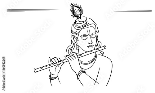 Minimalist Lord Krishna Playing Flute Line Art, Hindu God Portrait with Peacock Feather and Decorative Borders, Divine Spirituality Vector Illustration, Indian Mythology Zen Sketch