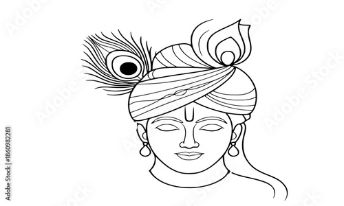 Lord Krishna Face Line Art Illustration, Hindu God Portrait with Peacock Feather and Turban, Minimalist Divine Spirituality Vector Drawing, Indian Mythology Religious Icon