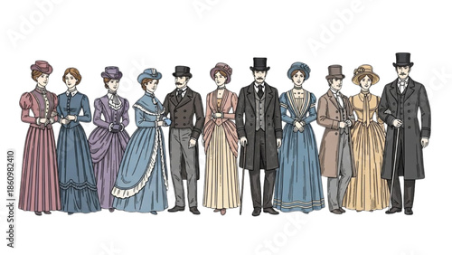 A group of people in Victorian attire standing together in a formal setting