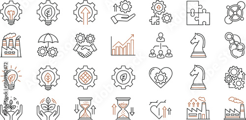 Business strategy and growth icons set with innovation, teamwork, sustainability, productivity, planning, leadership, improvement, success, corporate management illustration, concept, outline style