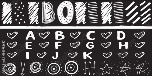 Chalkboard doodle featuring letters hearts and various sketched symbols